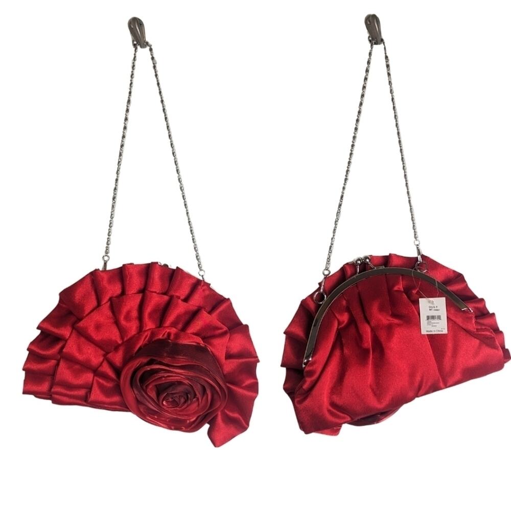 Holiday Red Evening Bag Roset Ruffle Metal Strap Kiss Lock Holiday